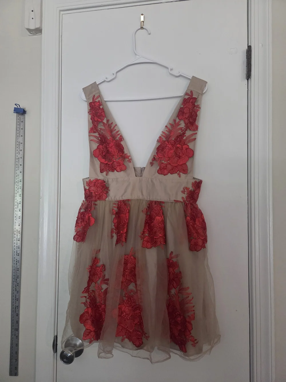 Free People Sarah Embroidered Mini Dress Red Floral Nude Mesh Sz M